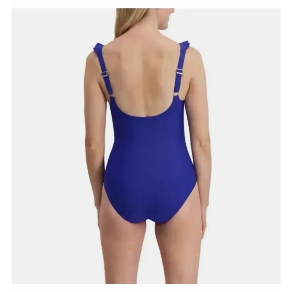 DKNY Blue One-Piece Swimsuit Ruffle Trim Adjustable Straps Size XS NWT - Picture 4 of 8